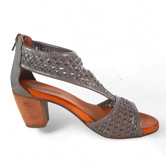 Sundance Demeter Hillside Woven Leather Heeled Sandals Bluish Grey Women's 7/37 - Picture 7 of 10